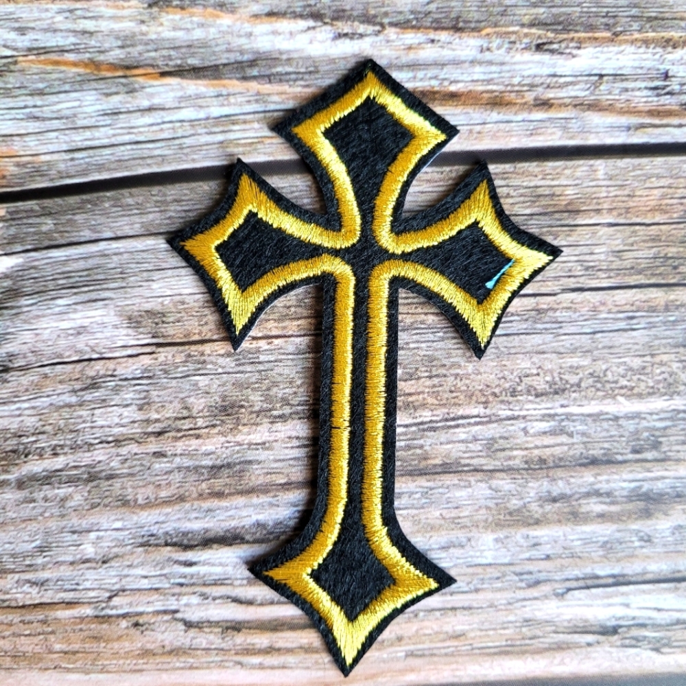Black and Gold Cross Gothic Catholic Christian Iron on Patch